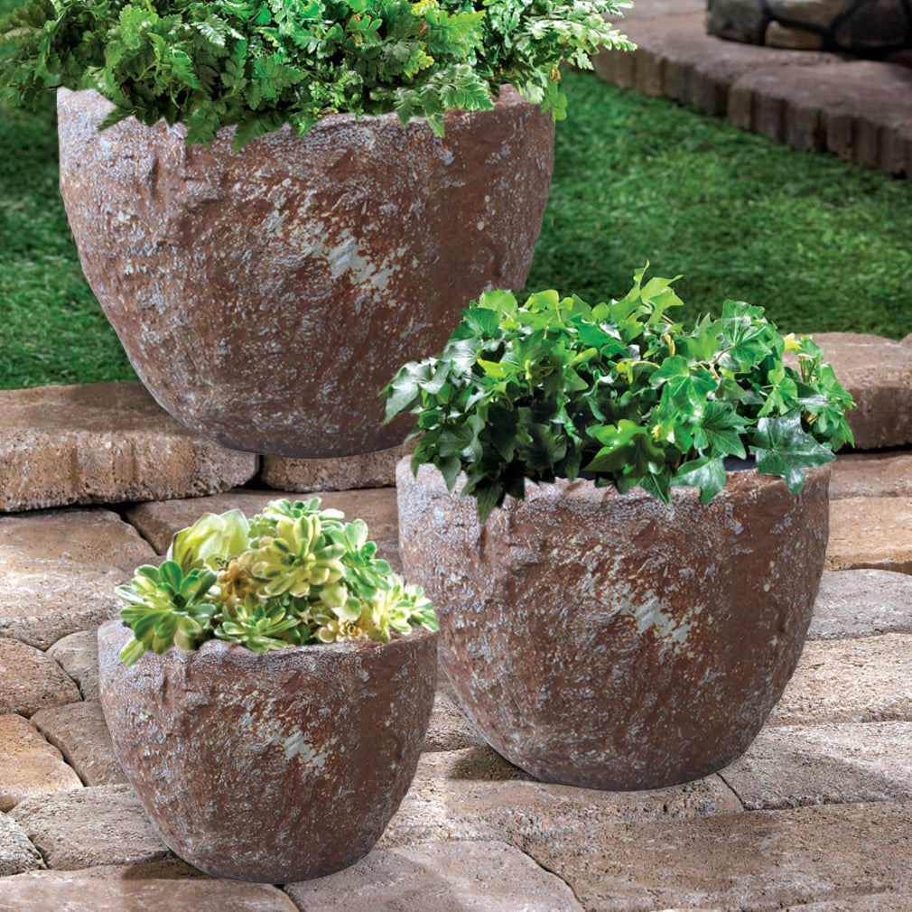 HomeRoots  Set of Three 21" Brown Stone Indoor Outdoor Round Pot Planter