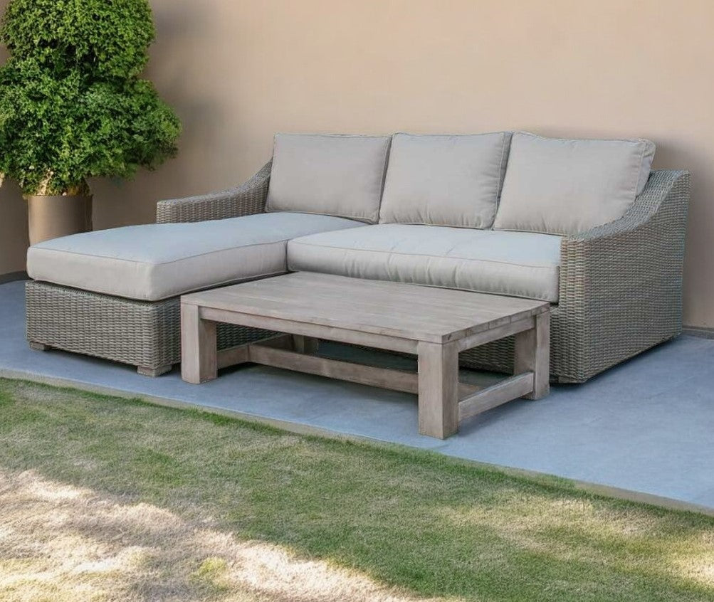 HomeRoots Three Piece Outdoor Gray Rattan Sectional Seating Group with Beige Cushions