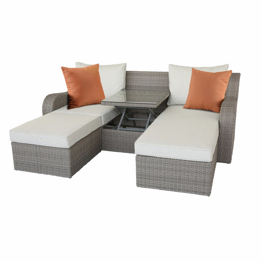 HomeRoots Three Piece Outdoor Gray Wicker Sectional Seating Group with Beige Cushions