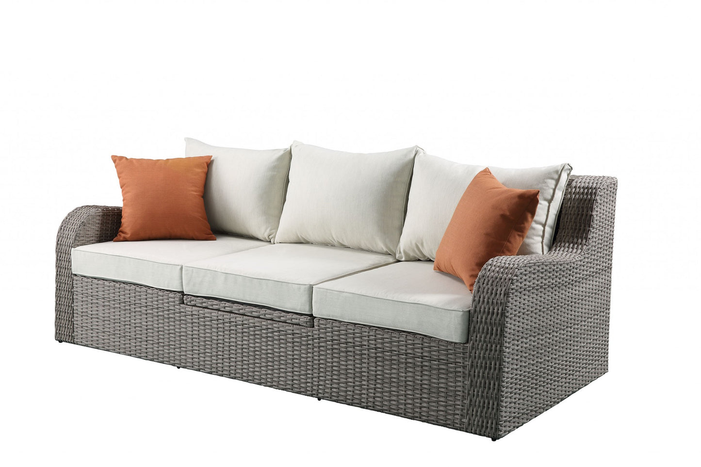 HomeRoots Three Piece Outdoor Gray Wicker Sectional Seating Group with Beige Cushions