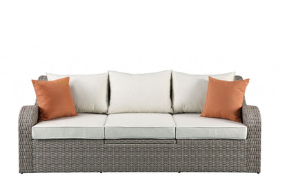 HomeRoots Three Piece Outdoor Gray Wicker Sectional Seating Group with Beige Cushions