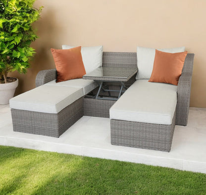 HomeRoots Three Piece Outdoor Gray Wicker Sectional Seating Group with Beige Cushions