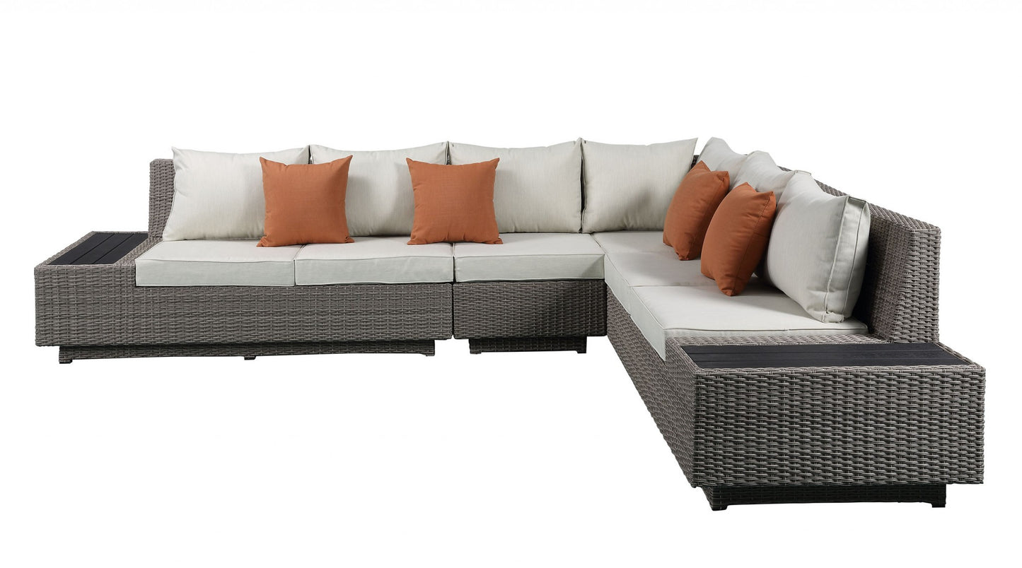 HomeRoots Beige Polyester Modular L Shaped Four Piece Standard With Console And Toss Pillows