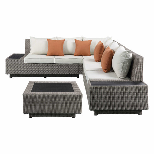 HomeRoots Beige Polyester Modular L Shaped Four Piece Standard With Console And Toss Pillows