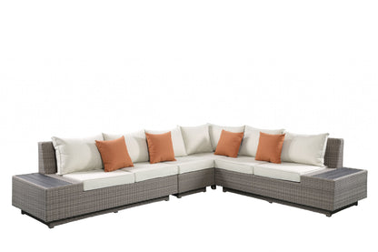 HomeRoots Beige Polyester Modular L Shaped Four Piece Standard With Console And Toss Pillows