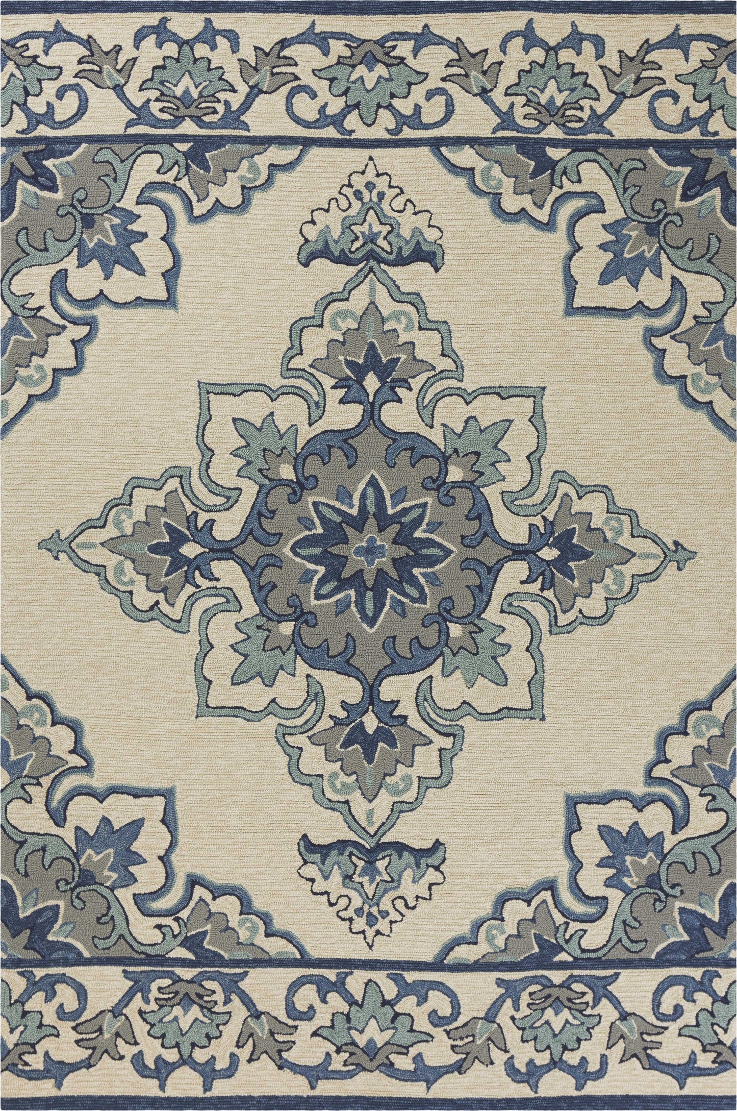 HomeRoots 8' X 10' Ivory and Blue Damask Handmade Indoor Outdoor Area Rug