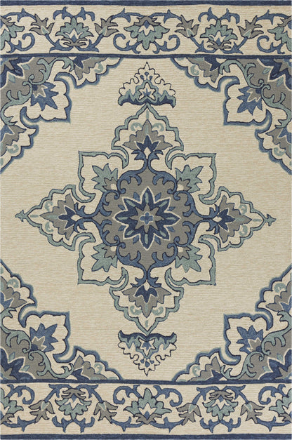 HomeRoots 8' X 10' Ivory and Blue Damask Handmade Indoor Outdoor Area Rug