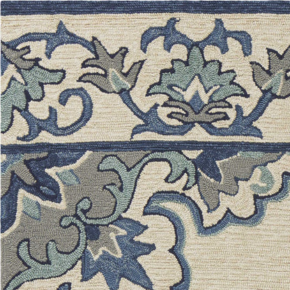 HomeRoots 8' X 10' Ivory and Blue Damask Handmade Indoor Outdoor Area Rug