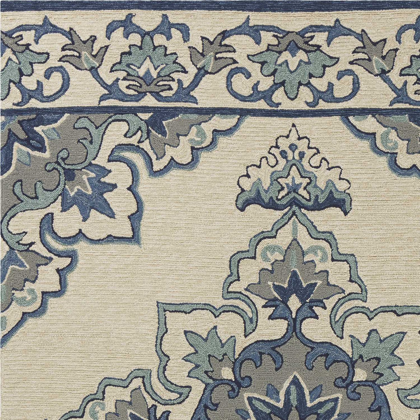 HomeRoots 8' X 10' Ivory and Blue Damask Handmade Indoor Outdoor Area Rug