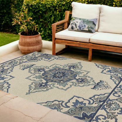 HomeRoots 8' X 10' Ivory and Blue Damask Handmade Indoor Outdoor Area Rug