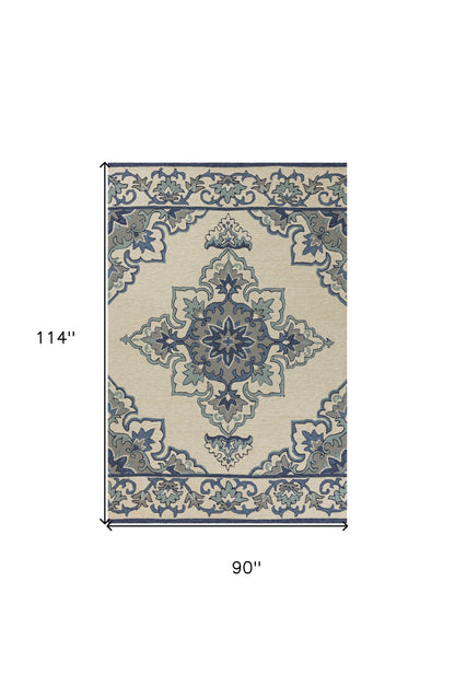 HomeRoots 8' X 10' Ivory and Blue Damask Handmade Indoor Outdoor Area Rug