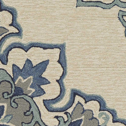 HomeRoots 8' X 10' Ivory and Blue Damask Handmade Indoor Outdoor Area Rug