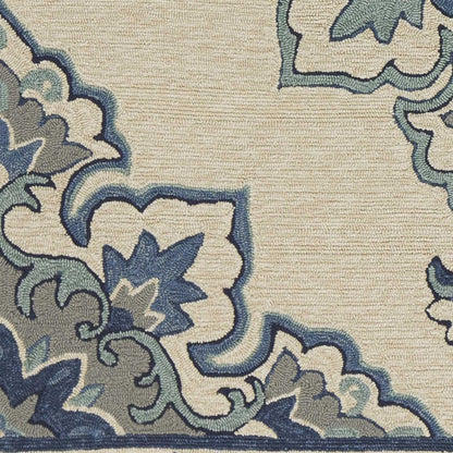 HomeRoots 8' X 10' Ivory and Blue Damask Handmade Indoor Outdoor Area Rug