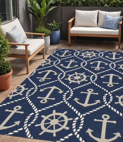 HomeRoots 5' X 8' Navy Blue Abstract Handmade Indoor Outdoor Area Rug