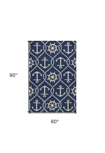 HomeRoots 5' X 8' Navy Blue Abstract Handmade Indoor Outdoor Area Rug