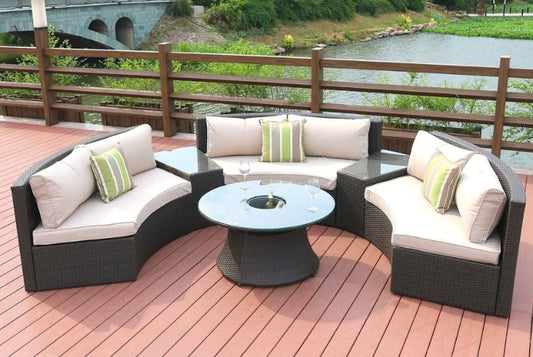 HomeRoots Six Piece Outdoor Black Wicker Sectional Seating Group with Beige Cushions