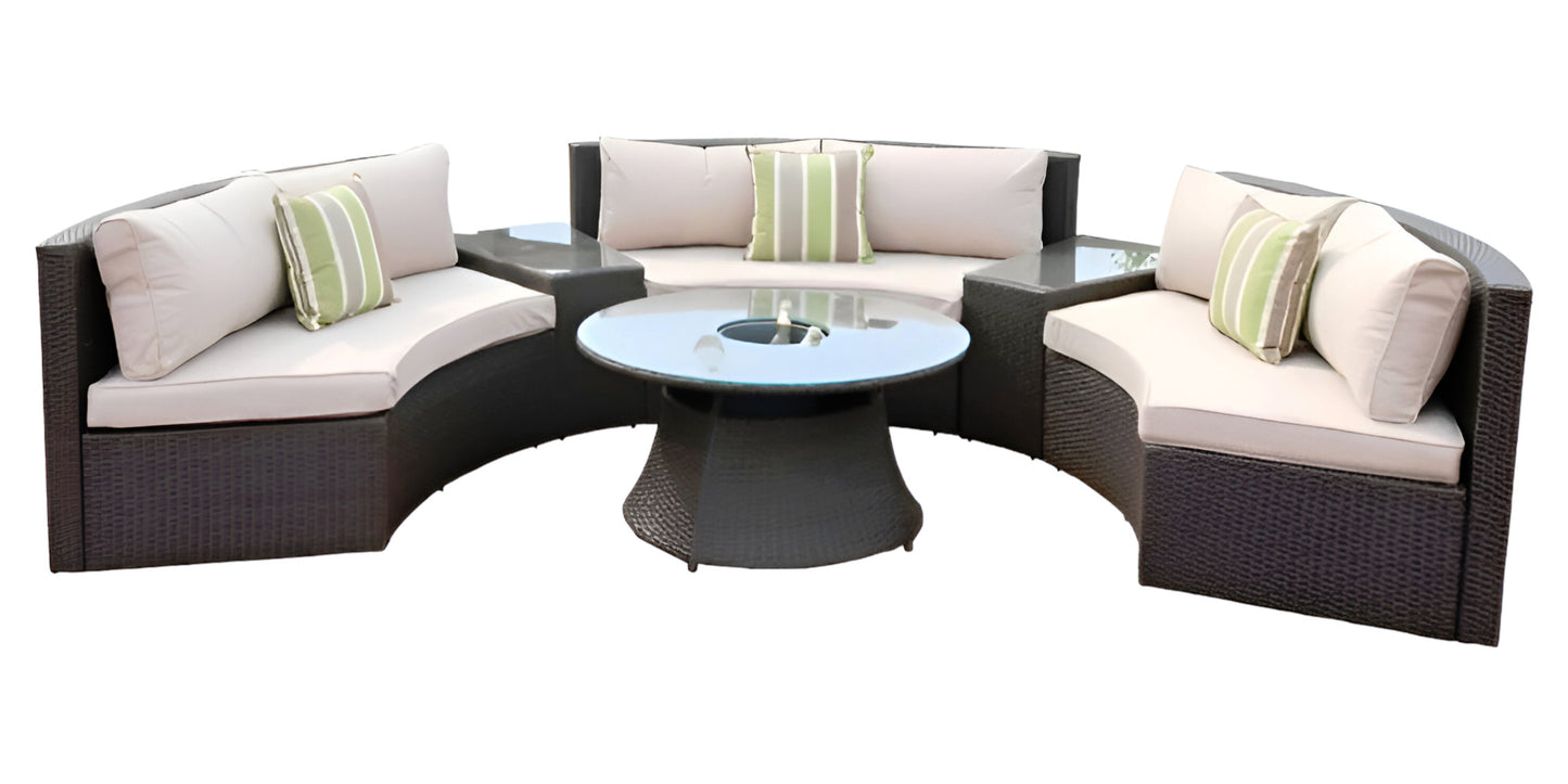 HomeRoots Six Piece Outdoor Black Wicker Sectional Seating Group with Beige Cushions