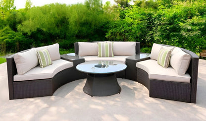 HomeRoots Six Piece Outdoor Black Wicker Sectional Seating Group with Beige Cushions