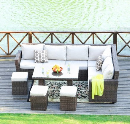 HomeRoots 180.96" X 33.54" X 34.71"HomeRoots Brown 8 Piece Outdoor Sectional Set With Cushions