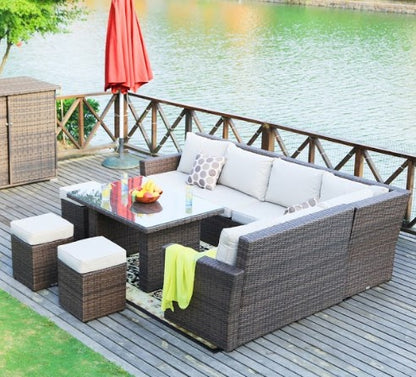 HomeRoots 180.96" X 33.54" X 34.71"HomeRoots Brown 8 Piece Outdoor Sectional Set With Cushions