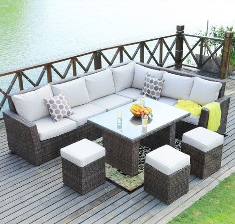 HomeRoots 180.96" X 33.54" X 34.71"HomeRoots Brown 8 Piece Outdoor Sectional Set With Cushions