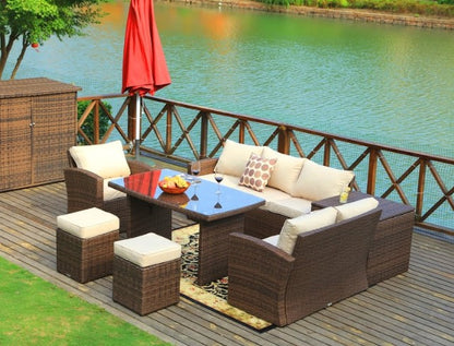 HomeRoots 179.85" X 31.89" 32.68" Brown 7Piece Steel Outdoor Sectional Sofa Set With Ottomans And Storage Box