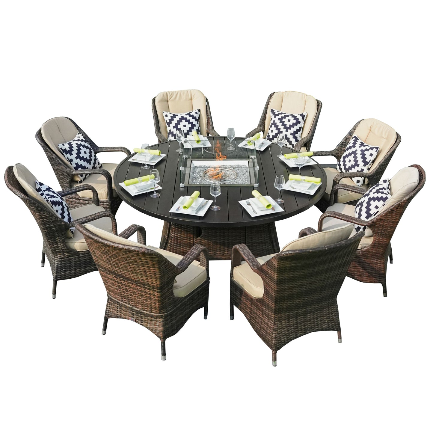 HomeRoots Brown Wicker Round Outdoor Fire Pit Dining Set With 8 Chairs