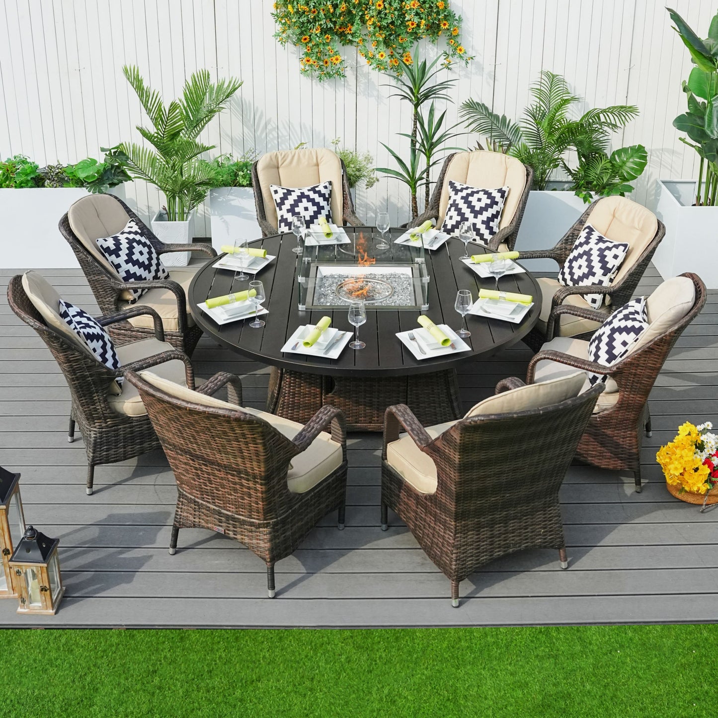 HomeRoots Brown Wicker Round Outdoor Fire Pit Dining Set With 8 Chairs