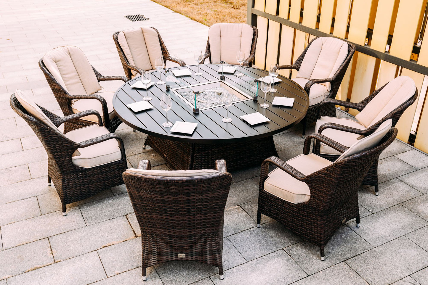 HomeRoots Brown Wicker Round Outdoor Fire Pit Dining Set With 8 Chairs