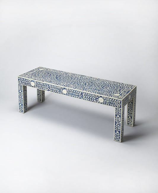 HomeRoots Blue And Ivory Bone Inlay Bench