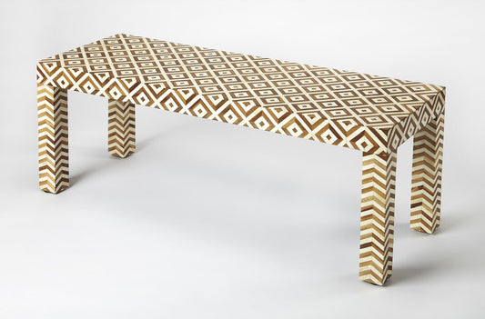 HomeRoots Geo And Chevron Teak And Bone Inlay Bench