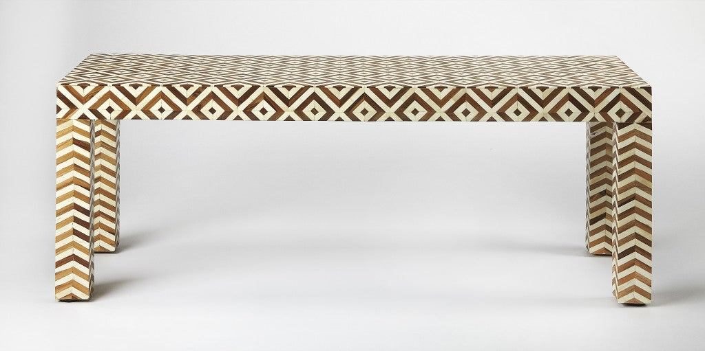 HomeRoots Geo And Chevron Teak And Bone Inlay Bench