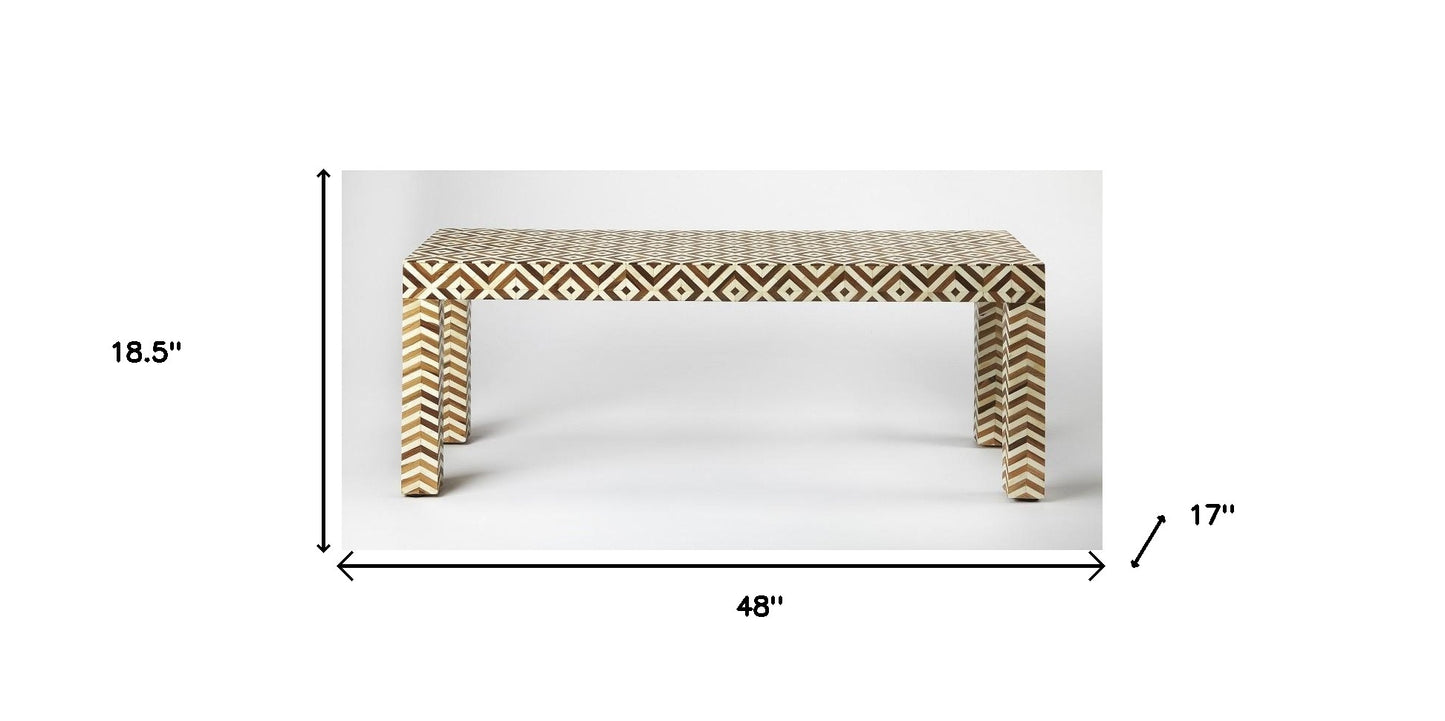 HomeRoots Geo And Chevron Teak And Bone Inlay Bench