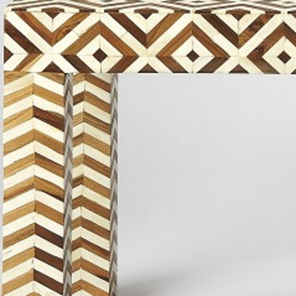 HomeRoots Geo And Chevron Teak And Bone Inlay Bench