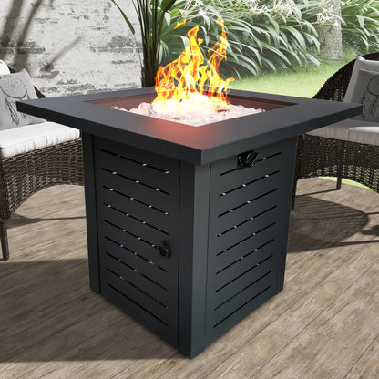 Homeroots Black Slatted Metal Square Fire Pit with Glass Rocks