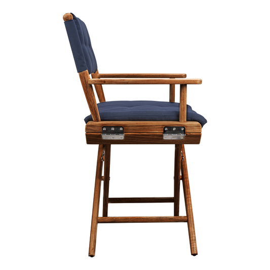 HomeRoots 23" Navy Blue and Brown Solid Wood Indoor Outdoor Director Chair with Navy Blue Cushion