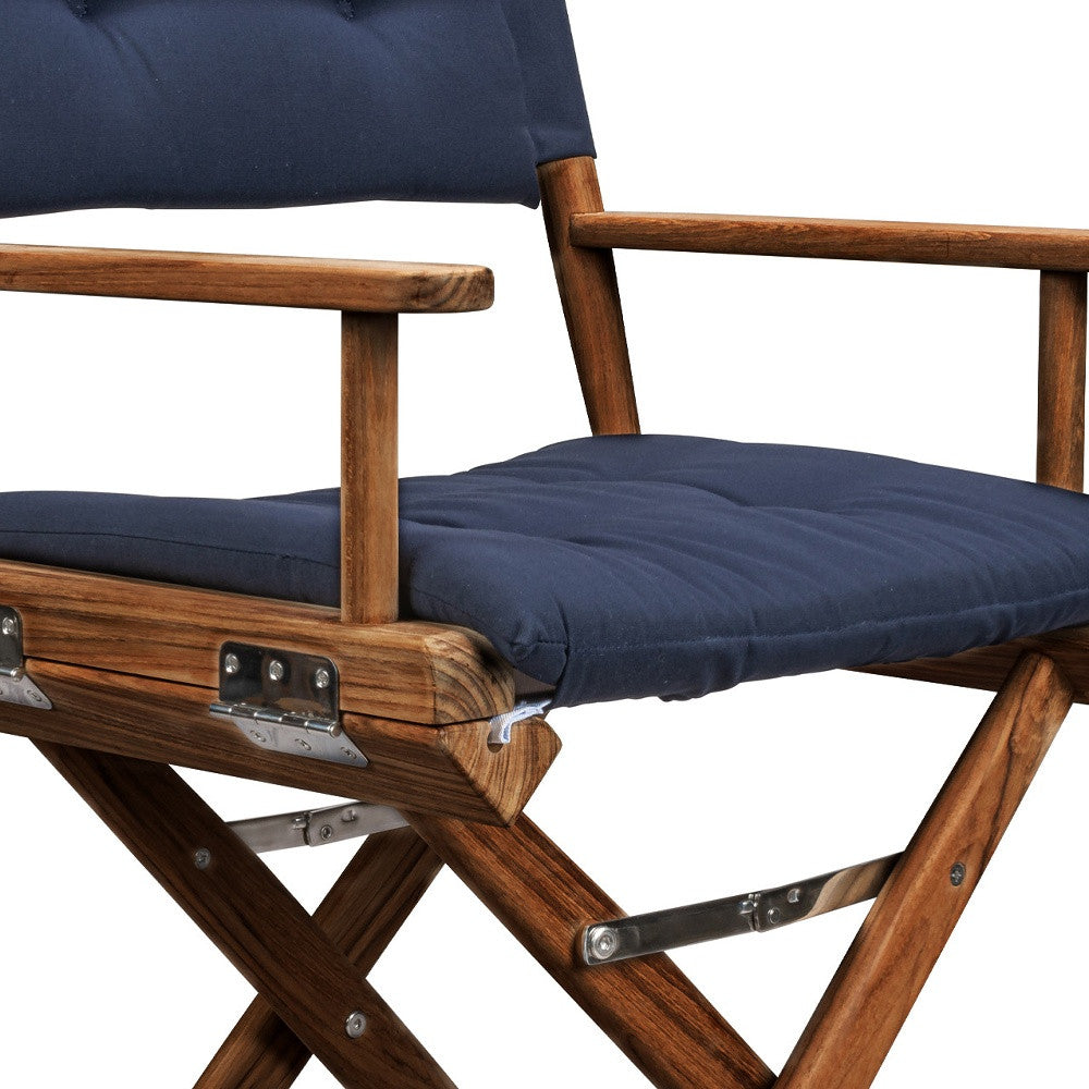 HomeRoots 23" Navy Blue and Brown Solid Wood Indoor Outdoor Director Chair with Navy Blue Cushion