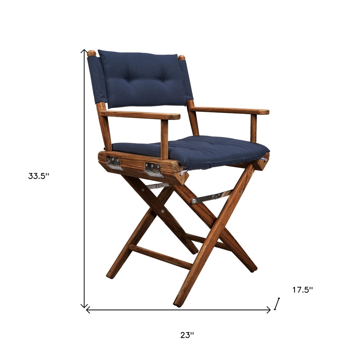 HomeRoots 23" Navy Blue and Brown Solid Wood Indoor Outdoor Director Chair with Navy Blue Cushion