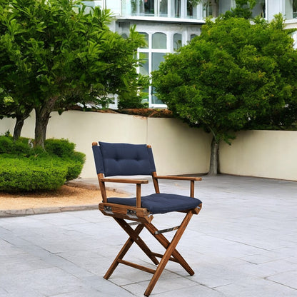 HomeRoots 23" Navy Blue and Brown Solid Wood Indoor Outdoor Director Chair with Navy Blue Cushion