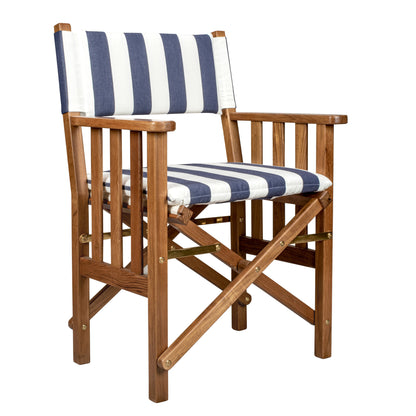 HomeRoots 20" Blue and White and Natural Wood Solid Wood Indoor Outdoor Director Chair with Blue and White Cushion