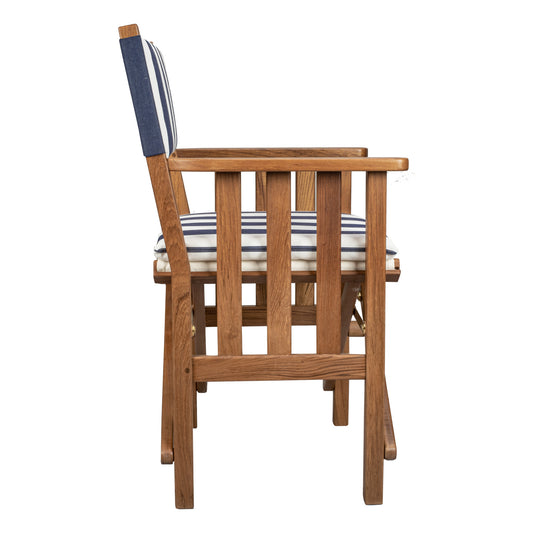 HomeRoots 20" Blue and White and Natural Wood Solid Wood Indoor Outdoor Director Chair with Blue and White Cushion