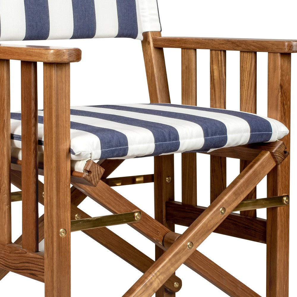 HomeRoots 20" Blue and White and Natural Wood Solid Wood Indoor Outdoor Director Chair with Blue and White Cushion