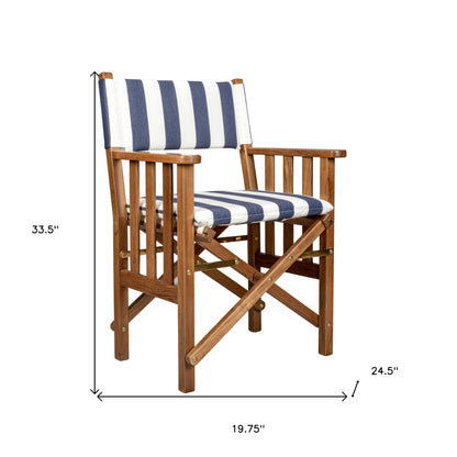 HomeRoots 20" Blue and White and Natural Wood Solid Wood Indoor Outdoor Director Chair with Blue and White Cushion