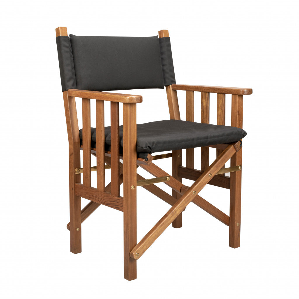 HomeRoots 20" Black and Natural Wood Solid Wood Indoor Outdoor Director Chair with Black Cushion