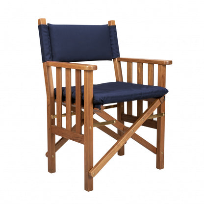 HomeRoots 20" Navy Blue and Natural Wood Solid Wood Indoor Outdoor Director Chair with Navy Blue Cushion