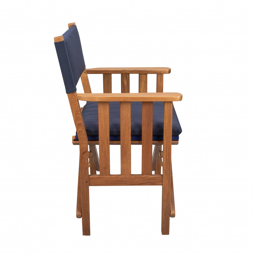 HomeRoots 20" Navy Blue and Natural Wood Solid Wood Indoor Outdoor Director Chair with Navy Blue Cushion