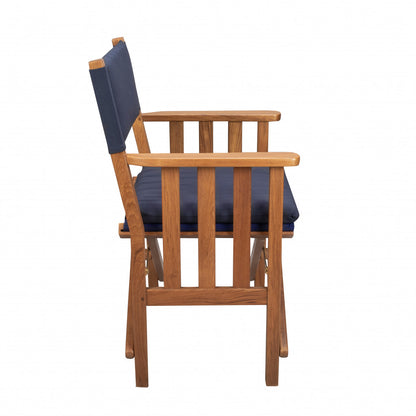 HomeRoots 20" Navy Blue and Natural Wood Solid Wood Indoor Outdoor Director Chair with Navy Blue Cushion