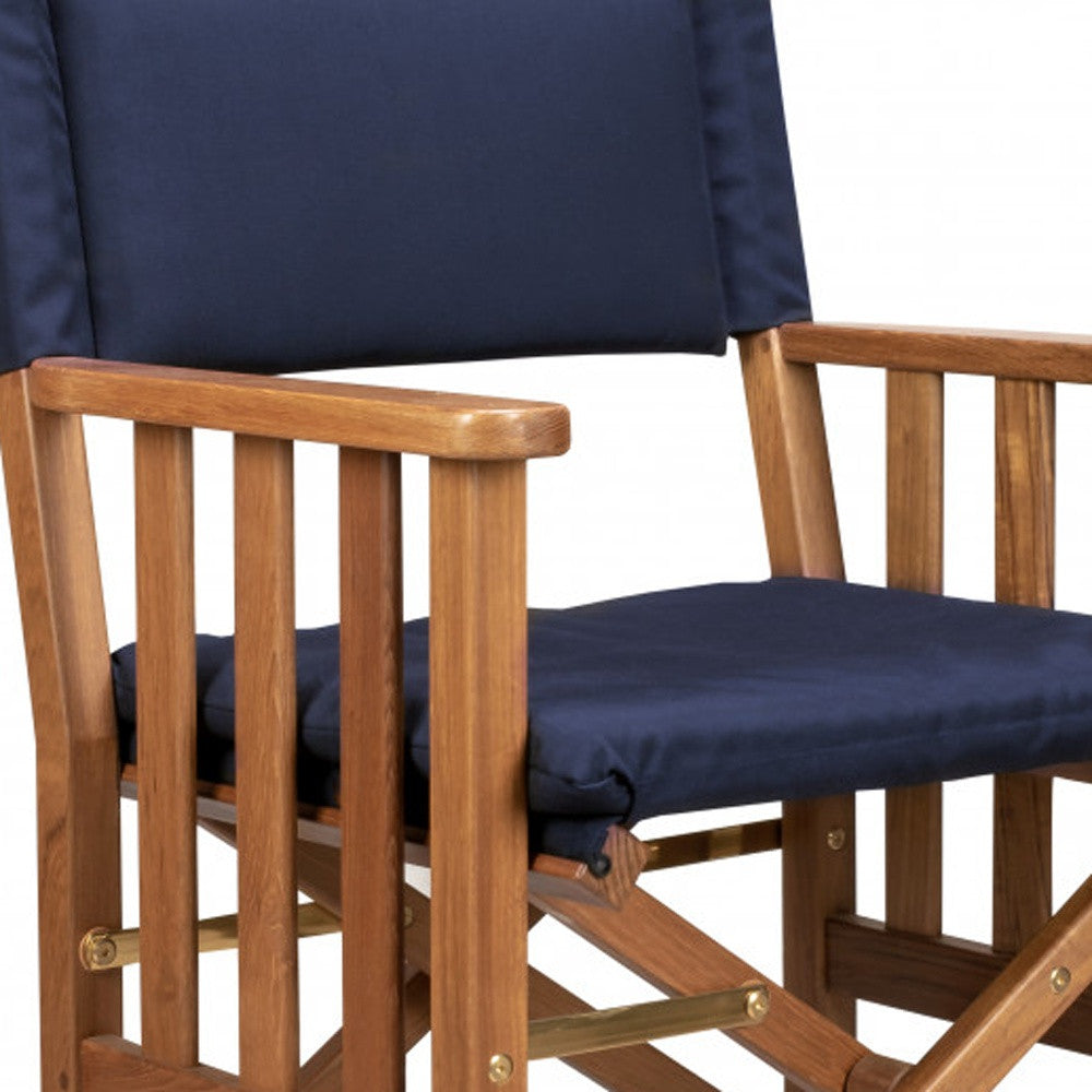 HomeRoots 20" Navy Blue and Natural Wood Solid Wood Indoor Outdoor Director Chair with Navy Blue Cushion