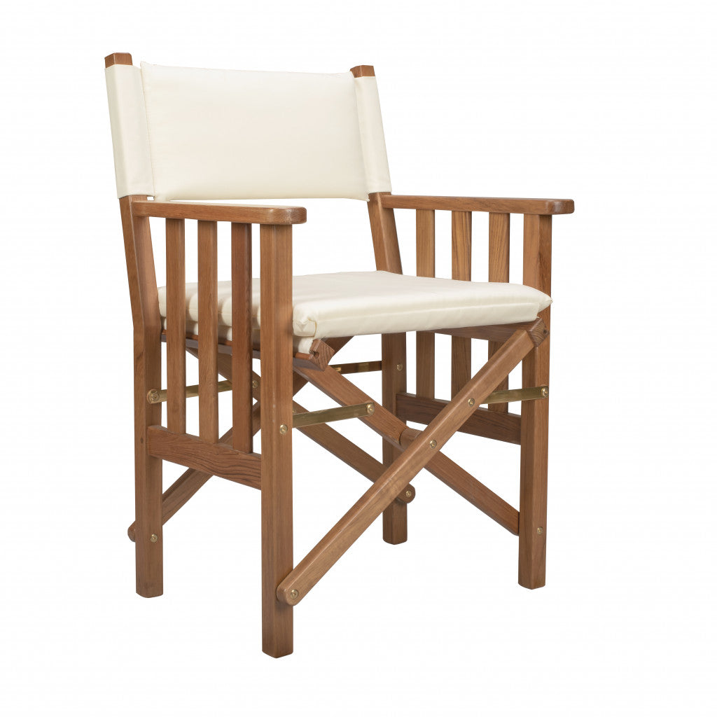 HomeRoots 20" Ivory and Natural Wood Solid Wood Indoor Outdoor Director Chair with Ivory Cushion