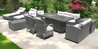 HomeRoots Twelve Piece Outdoor Gray Wicker Multiple Chairs Seating Group Fire Pit Included with White Cushions